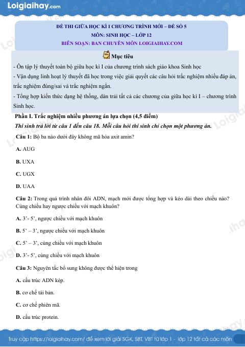 Đề thi giữa kì 1 Sinh 12 Chân trời sáng tạo - Đề số 5